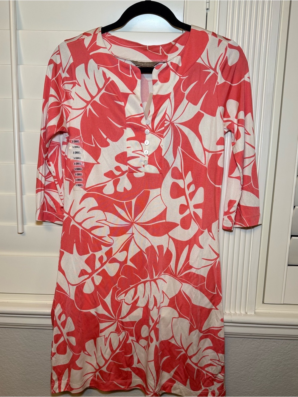 Tommy Bahama 100% Silk Tropical Floral Dress Coral Ivory 3/4 Sleeve Size XS